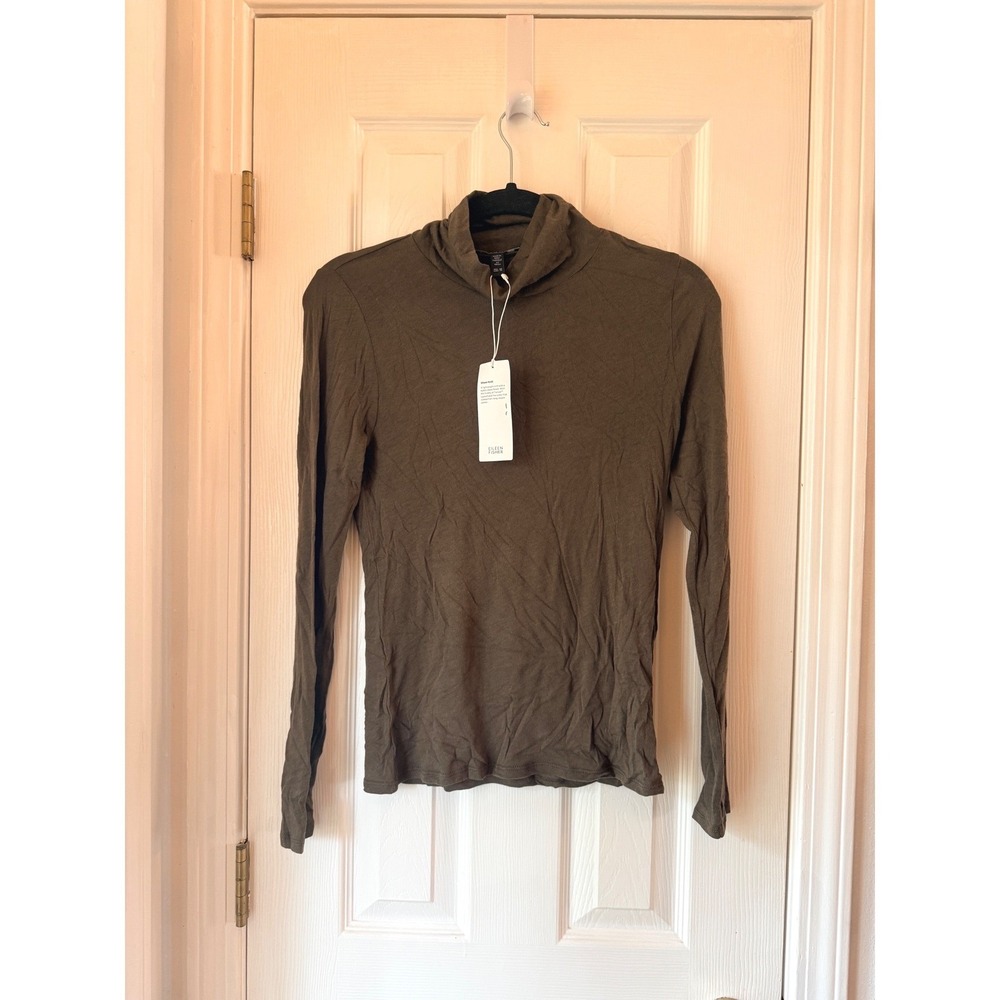 Eileen Fisher Wren Brown Cotton Lyocell Turtleneck Top F4BFL-T6175M XS NEW